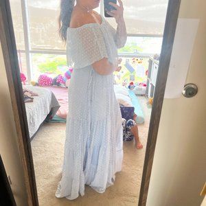 BLENCOT Womens Casual Floral Lace Swiss Dots Off The Shoulder Long Evening Dress